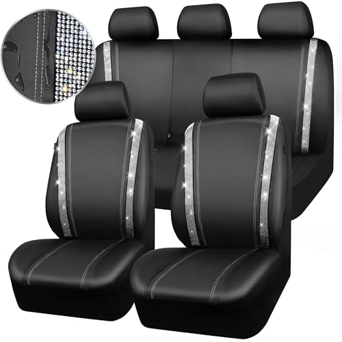 CAR PASS Bling Diamond Car Seat Covers Full Set, Shining Rhinestone Waterproof Faux Leather, Rear with Zipper, Universal Fit Automotive Glitter Crystal Sparkle Strips for Cute Women Girl, Silver - color: Black Diamond And Silver, size: Full Set