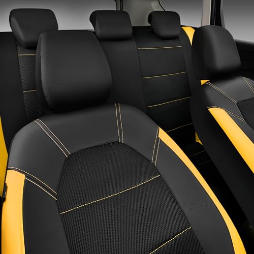 CAR PASS Leather Seat Covers, Breathable Universal Car Seat Cover Full Set for Cute Women Girly,5mm Composite Sponge Inside,Airbag Compatible Fits Most Auto,SUVs,Trucks,Vans(Full Set,Black&Yellow) - color: Black Yellow, size: Full Set