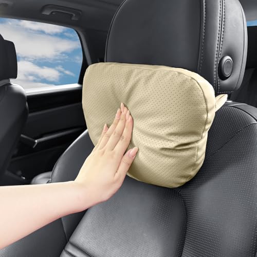 Car Neck Pillow, 2 Pack PU Leather Car Headrest Pillows with Adjustable Strips, Car Neck Support Ergonomic Du-Pont Bio Cotton Pillow, Head Rest Travel Pillow for Car (Beige, Soft Style) - color: Beige