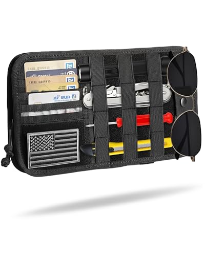 Molle Car Sun Visor Organizer, Heavy Duty Tactical Car Sun Visor Organizer with Large Zipper Pocket & Sunglasses Holder, Semi-Rigid Molle Visor Storage Pouch,Fit Most Cars, Trucks, and SUVs