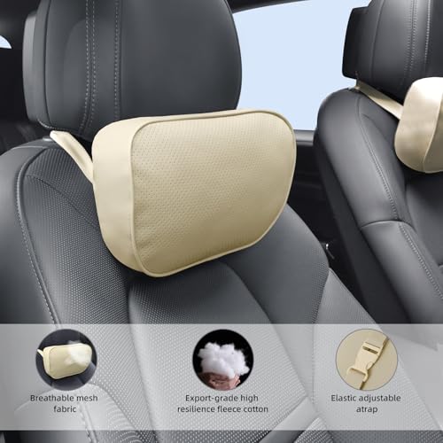 Car Neck Pillow for Headrest, 2 Pack PU Leather Car Headrest Pillow for Neck Support, Super Soft Ergonomic Du-Pont Bio Cotton Travel Pillow with Adjustable Strap (Beige, Shaped Style) - color: Beige1