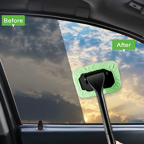 Frienda 2 Set Windshield Cleaner Tool Inside Car Windshield Cleaning Wand Auto Window Cleaner with Detachable Handle, 8 Reusable Microfiber Pads and 2 Spray Bottles for Car Interior(Gray, Green) - color: Gray, Green