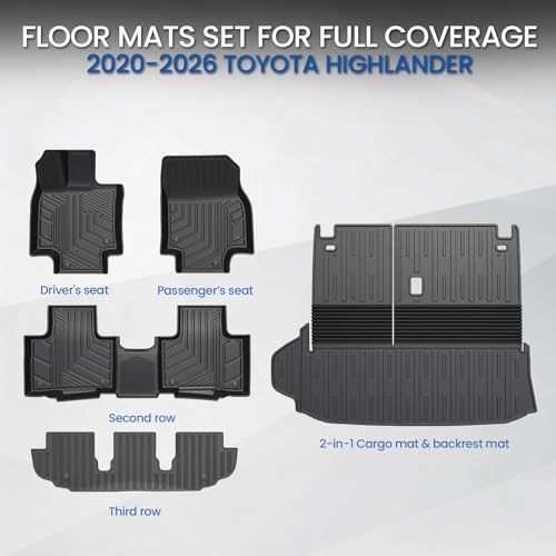 Floor Mat Cargo Mat for 2020-2024 2025 2026 Toyota Highlander 7 Seat Car Mat Accessories(Both Hybrid and Gas), All Weather TPE Cargo Liner Trunk Mat with Backrest Mat(Highlander-Full Set) - size: Highlander-Floor Mats Set