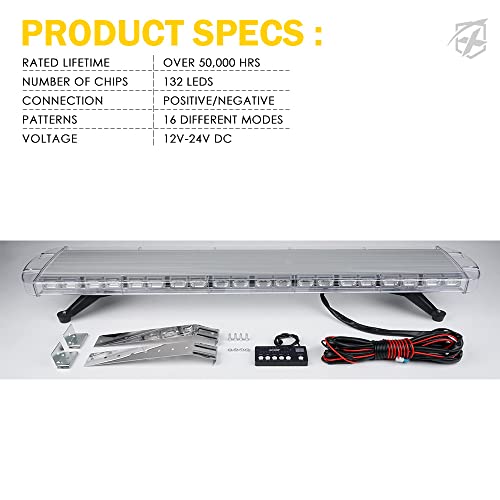 Xprite 48 Inch LED Rooftop Emergency Strobe Warning Lights Bar w/Adjustable Mounting Brackets, for Vehicles, Security, Law Enforcement, Snowplow, Tow Trucks, Crane, Construction Cars - White Amber - color: White Amber