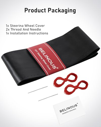 Belinous Leather Steering Wheel Cover Lace Up, Stitch on Steering Wheel Wrap, Universal Fit 13-20 Inch Car Truck Pickup Boat, A Whole Piece of Cowhide, DIY w/Needle Thread (Size L0, Black & Red) - color: Black and Red, size: L0