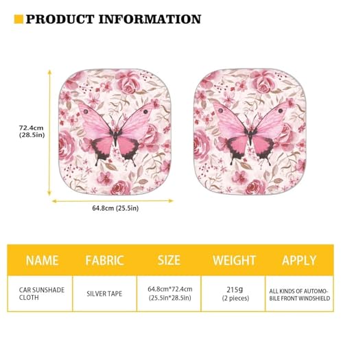 Pink Butterfly Car Sun Shade for Windshield, 2-Pack, Universal Fit, 28.5 x 25.5 inches, Butterfly Print - color: Pink Butterfly