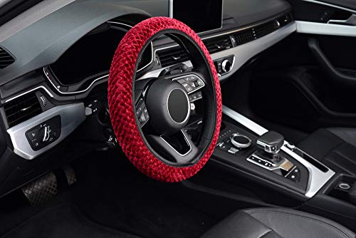 KAFEEK Elastic Short Microfiber Plush Steering Wheel Cover for Winter Warm, Universal 15 inch, Anti-Slip, Odorless, Wine Red - color: Wine Red