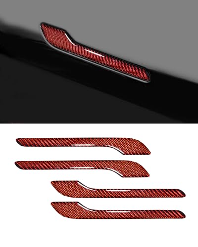 Carbon Fiber Door Handle Cover, Door Handle Protective Cover Decoration Compatible with Tesla Model Y/3 Accessories (2017-2025) Highland & Juniper Compatible (4 Pieces) (Red with drip) - style: Red with drip