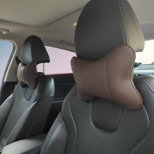 2 Pack Car Neck Pillow PU Leather Automotive Headrest Pillow for Car Support Neck Pain Relief Universal Car Pillow (Brown) - color: Brown