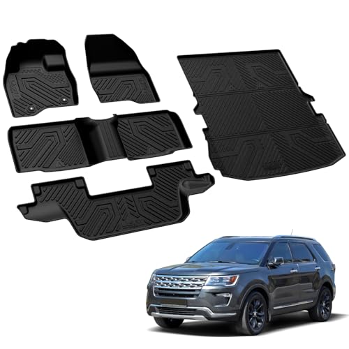 LASFIT Floor Mats & Cargo with Backrest Mat for Ford Explorer 2015-2019 7 Seats All Weather Protector TPE Easy Clean Car Floor Liner Custom Fit for 5-pc Full Set Black - style: 3) Explorer 7-Seat| 15-19 | Combo Set