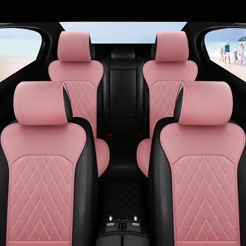 Sanwom Front Car Seat Covers - Leather Seat Covers with Storage Pocket and Two Belt Pads, Anti-Slip Waterproof Universal Seat Covers for Cars Fit Cars Trucks SUV(Pink,2 Pack) - color: Pink
