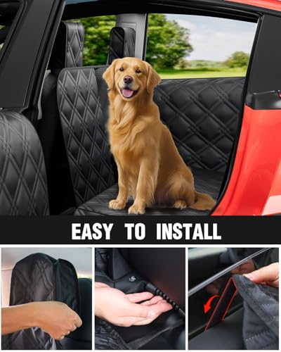 Dog Car Seat Cover for Back Seat Compatible with Tesla Model Y — Hard Bottom Pet Travel Hammock with Seat Extender, Waterproof Backseat Dog Cover with Door & Headrest Protectors - size: Tesla Dog Car Seat - Hard Bottom