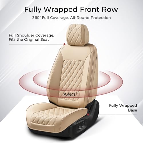 Huidasource Beige Seat Covers, Nappa Leather Car Seat Covers, Velcro Adjustable, Compatible with Airbags, Armrests, Child Seat, Universal Fit for Most Cars, Vans, Trucks, SUVs (Full Set/Beige) - color: 01FS# Beige01, size: 5pcs Full Set