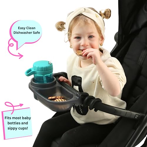 Swanoo Universal Stroller Snack Tray | Compatible With Nuna Mockingbird Bugaboo Uppababy | Stroller Bumper Bar Tray Attachment with Cup Holder | Baby Toddler Disneyland Essentials Stroller Accessories - color: Dark Grey