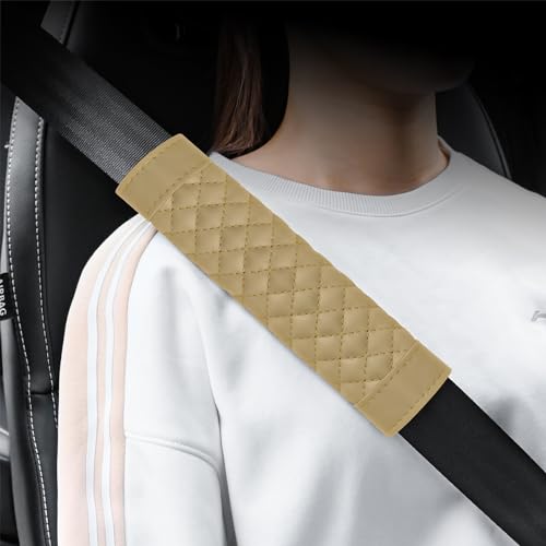2PCS Car Seat Belt Cover Pad,Soft Leather Seatbelt Covers Breathable Seatbelt Cushion with Plaid Design,All Seasons Universal Car Interior Accessories Seat Belt Cover for Kids & Adults (Beige) - color: Beige