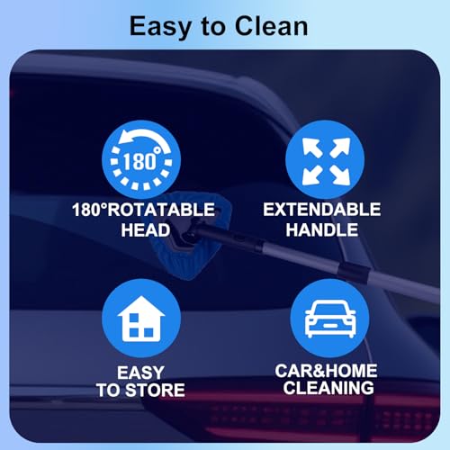 BITOPE All-in-One Car Windshield Cleaner Kit | Extendable Tool with 3 Reusable Microfiber Pads & Spray Bottle for Interior & Exterior Window Cleaning on Cars, SUVs, Trucks - color: Dark Blue
