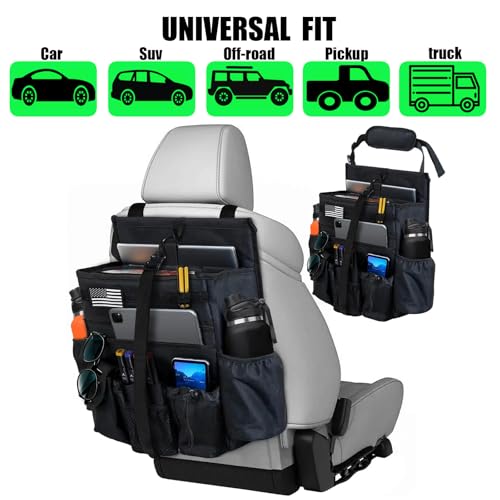 Front & Seat back organizer with dedicated tablet and 15.6 IN laptop storage stabilizers external stabilizing side straps soft adjustable shoulder straps hardened buckle (Black) - color: Black