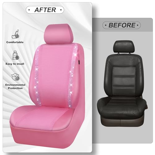 CAR PASS Bling Diamond Car Seat Covers Full Set, Shining Rhinestone Waterproof Faux Leather, Rear with Zipper, Universal Fit Automotive Glitter Crystal Sparkle Strips for Cute Women Girl, Pink - color: Pink Leather, size: Full Set