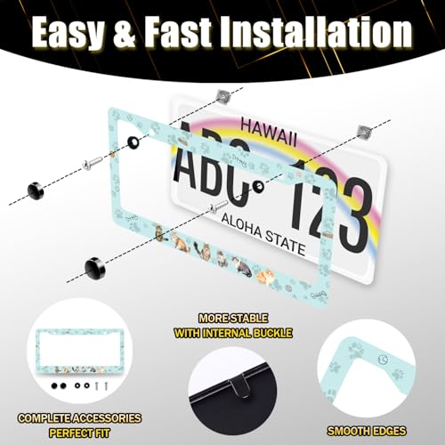 Cat Paw Prints License Plate Frame Colorful Animals Cats License Plate Holders Pet Funny Stainless Steel Car Bracket 2 Hole with Screws Universal Auto Accessory License Plate Frames 6.2x12.2 Inch - color: Animals Cats Pet Paw Prints
