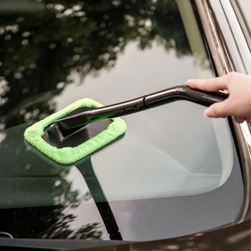 Car Windshield Cleaning Tool, Microfiber Windscreen Cleaner with 4 Washable Cloth Pads & Spray Bottle, Reusable Window Cleaning Kit with Detachable Handle for Auto Glass Wiper