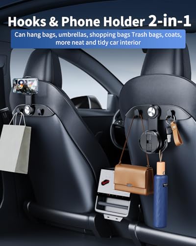1 Pack Car Seat Hooks & Phone Mount for Tesla Model Y(Juniper) Model 3(Highland) Accessories 2026 2025 2024 2023 2022 2021, Multifunction Clip Phone Holder| Car Seat Back Storage Hook Purse/Bag - color: Metallic Black