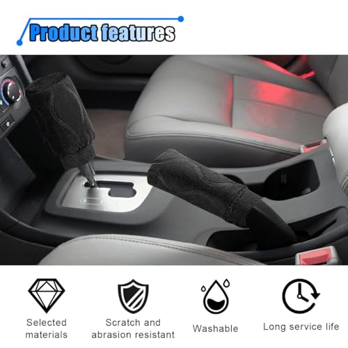 2PCS Plush Car Gear Shift Knob Cover & Handbrake Cover, Soft Fluffy Shifter Stick Protector, Comfortable Hand Brake Handle Cover, Universal Car Interior Accessories for Most Cars (Black)
