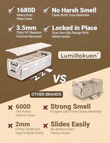 Heavy Duty Trunk Organizer with Lid for Car SUV-1680D Water-Resistant &3.5mm PP Skeleton,Collapsible Storage Box with No Sliding Metal Hooks,Fits Tesla,Truck,Sedan(XL, Cream) - color: Cream Beige