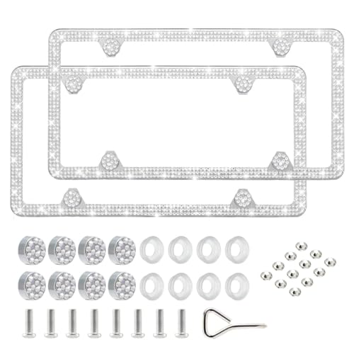 FIISFIIS Bling License Plate Frame for Women,2 Pack Premium Rhinestone Car License Plate Holder,Handmade Glitter Crystal Diamond Lincense Plate Cover for Girl,Sparkly Caps-4Hole White (White-1) - color: White-1