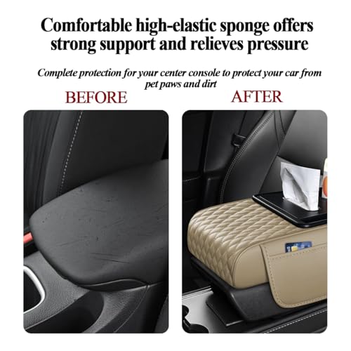 HZEL 5-in-1 Car Center Console Cover, Multifunctional Vehicle Armrest Box Mat with 2 Storage Bags Tissue Box Cup Holder Phone Slot, Automotive Interior Arm Rest Cover, Universal Fit (Beige) - color: Beige