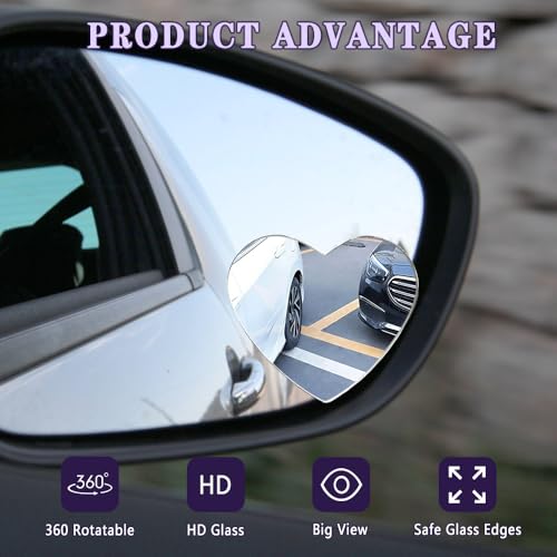 2PCS Blind Spot Mirror, Side Mirror Blindspot, Heart Shaped HD Glass Frameless Convex Rear View Mirrors, 360° Adjustable Wide Angle Auxiliary Mirrors Accessories Universal for Most Vehicles