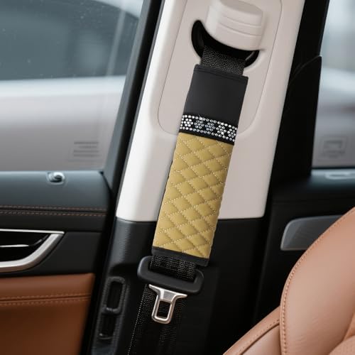 wuyaoyao 2PCS Bling Car Seat Belt Cover Pad, Breathable Leather Seatbelt Covers for Cars, Soft Comfortable Seatbelt Shoulder Strap Covers, Rhinestone Auto Seat Belt Protector Cushion (Beige) - color: Beige