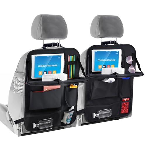 Car backseat organizer,with tablet holder, 6 storage pockets, foldable food tray, car seat back protectors kick mats, travel accessories, black (2)