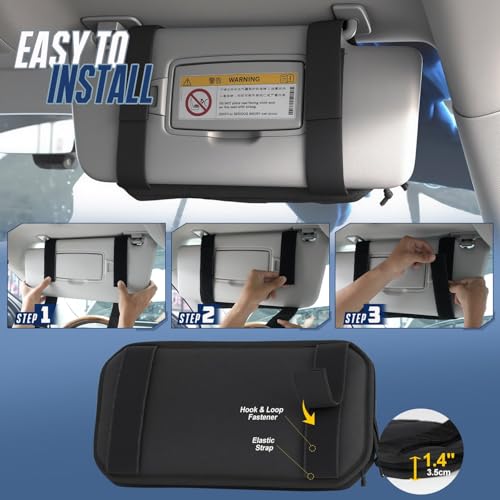 Hiseanllo Car Sun Visor Organizer, Multi-Pocket Visor Organizer Storage Pouch with Zippers, Elastic Bands & Glasses Clip, Car Visor Accessories