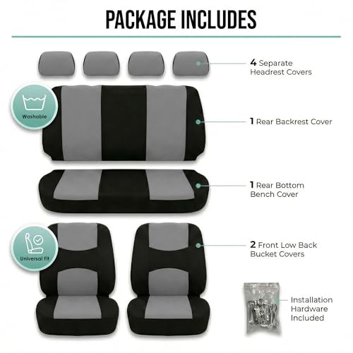 FH Group Car Seat Covers Full Set Cloth - Universal Fit Automotive Seat Covers, Low Back Front Seat Covers, Solid Back Seat Cover, Washable Car Seat Cover for SUV, Sedan and Van Gray - color: Gray, style: Seat Cover Full Set