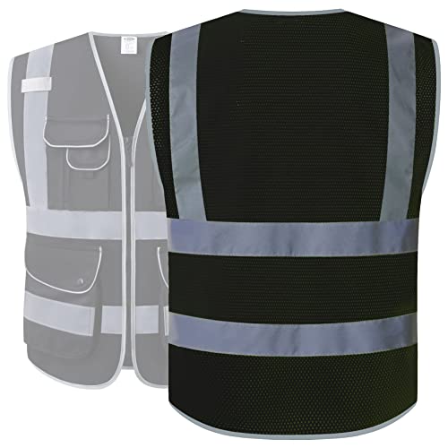 JKSafety 9 Pockets High Visibility Safety Vest for Men and Women, Hi-Vis Reflective Black Safety Vests with Zipper Front, Meet ANSI/ISEA Standards(159-Black M) - color: Jk159-black, size: Medium