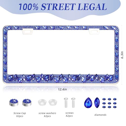 OKLPF Single Luxury Rhinestone License Plate Frame – Elegant Blue Bling with Glitter Crystals, Anti-Theft Screws & Gift Box, Fits Standard US Plates (Dark Blue) - color: Dark Blue, size: 1pc