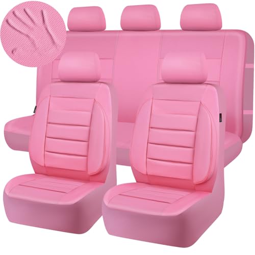 CAR PASS Pink Leather Seat Covers Full Set Universal Water Resistant 3D Foam Back Support, Luxury Comfort Automotive 5 Seat Covers for Women All Season Fit SUV,Sedan,Van, Airbag Compatible Pink - color: All Pink