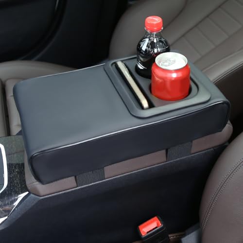 Osilly Car Center Console Armrest Pillow with Cup Holder, Leather Middle Console Protection Cushion with Phone Holder, Memory Foam Auto Arm Rest Box Cover, Universal Vehicle Accessories (Black) - color: Black