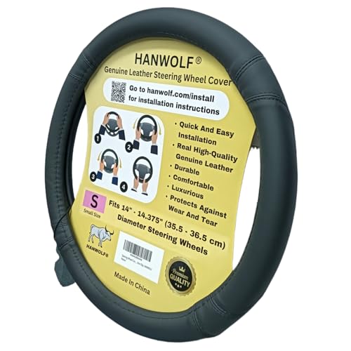 Steering Wheel Cover, Black, Real Genuine Leather, Small, 14 inch, for Men and Women, Universal, Stretch On, Heat Resistant, Stays Cool, Non-Slip, HANWOLF - color: Black, size: Small (14 to 14.375 inch diameter)
