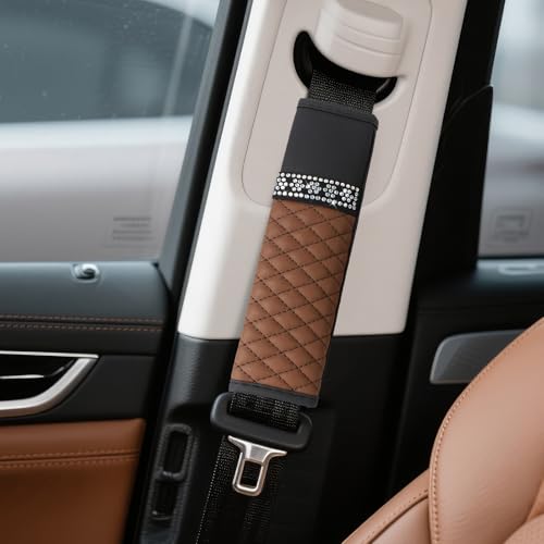 wuyaoyao 2PCS Bling Car Seat Belt Cover Pad, Breathable Leather Seatbelt Covers for Cars, Soft Comfortable Seatbelt Shoulder Strap Covers, Rhinestone Auto Seat Belt Protector Cushion (Coffee) - color: Coffee