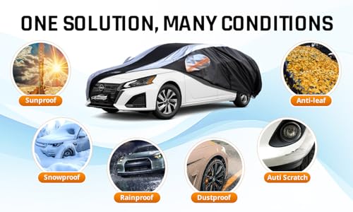 Altima Car Cover Waterproof All Weather with Silver Strip Design, Custom Fit for Altima 2005–2025, Accessory with Door Zipper & Windproof Straps - size: Custom Fit Nissan Altima