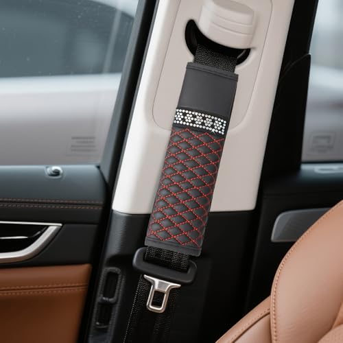 wuyaoyao 2PCS Bling Car Seat Belt Cover Pad, Breathable Leather Seatbelt Covers for Cars, Soft Comfortable Seatbelt Shoulder Strap Covers, Rhinestone Auto Seat Belt Protector Cushion (Black+Red) - color: Black+Red