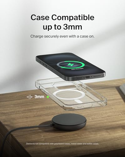 Belkin Magnetic Wireless Charging Pad Qi2 15W w/Kickstand - MagSafe-Compatible Qi2-Certified Wireless Charger for iPhone 17 Series, Samsung Galaxy S25 Series, AirPods (No PSU) - Black - style: No Power Supply (Gen2)
