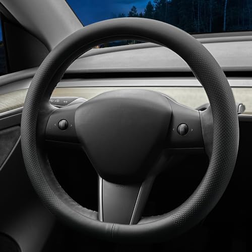 LKWLIKEI Nappa Leather Ultra-Thin Steering Wheel Cover, for Tesla Model 3/Y Steering Wheel Cover, Non-Slip Design and Interior Modification of car Accessories (Black) - color: Black2