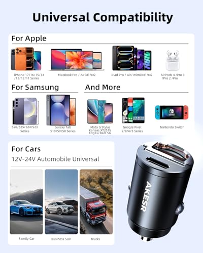 AKESR 65W USB C Car Charger Fast Charging,12V USB Outlet Accesorios para Carro,Cigarette Lighter USB Charger,Car Phone Charger for iPhone/17/16/15/14/13 Samsung S25 S24 S23Google Android
