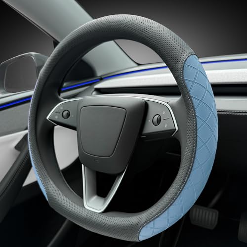 LKWLIKEI Leather Steering Wheel Cover. Elegant Diamond Checkered Design, Non-Slip and Breathable, for Tesla Model 3/Y Steering Wheel Protector,Black Blue - color: Black Blue