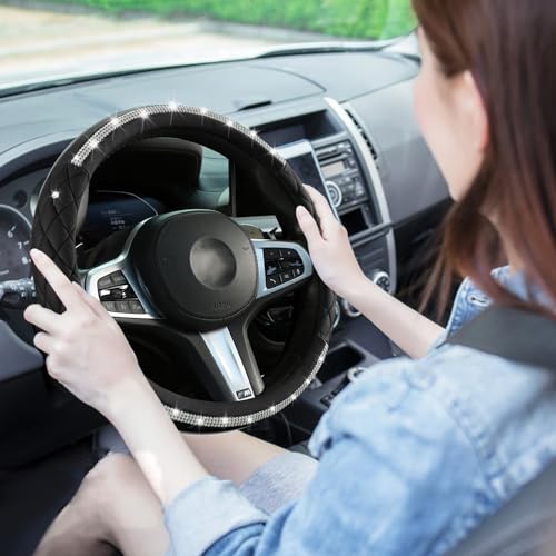Steering Wheel Cover,with Sparkly Crystal Rhinestone, Delicate and Anti-Slip Bling Steering Wheel Cover ,Adaptable to 14.5-15 inches Car Wheel Protector for Women Girl,Diamond Car Accessories, Black - color: Black