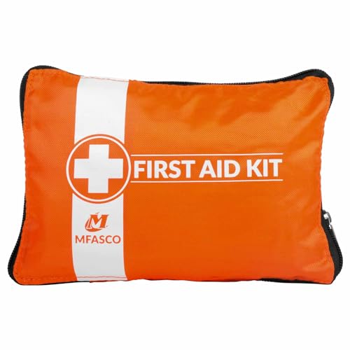 MFASCO First Aid Kit for Home, RV, Automotive - Compact Orange Pouch with Organizers for Small Travel, Backpacking, Cars, Motorcycle, Basic Supplies, Measures 8 x 5 3/4 x 1 1/4 inches, 70 Pieces