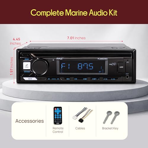 Pyle Marine Radio Stereo Receiver with Bluetooth MP3 Player - Single DIN Boat Audio System, AM/FM Tuner, USB/AUX Input, 30 Preset Stations, Hands-Free Calling, 350 W Power for Marine and Boat Use - size: 350w