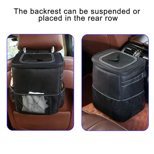 Car Trash Can with Lid and Storage Pockets, Leakproof Waterproof Vehicle Garbage Bin Organizer, Multipurpose Portable Auto Dustbin Container, Universal for SUV, Truck, RV